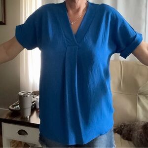 Blue Pleated Short Sleeve Relaxed Blouse